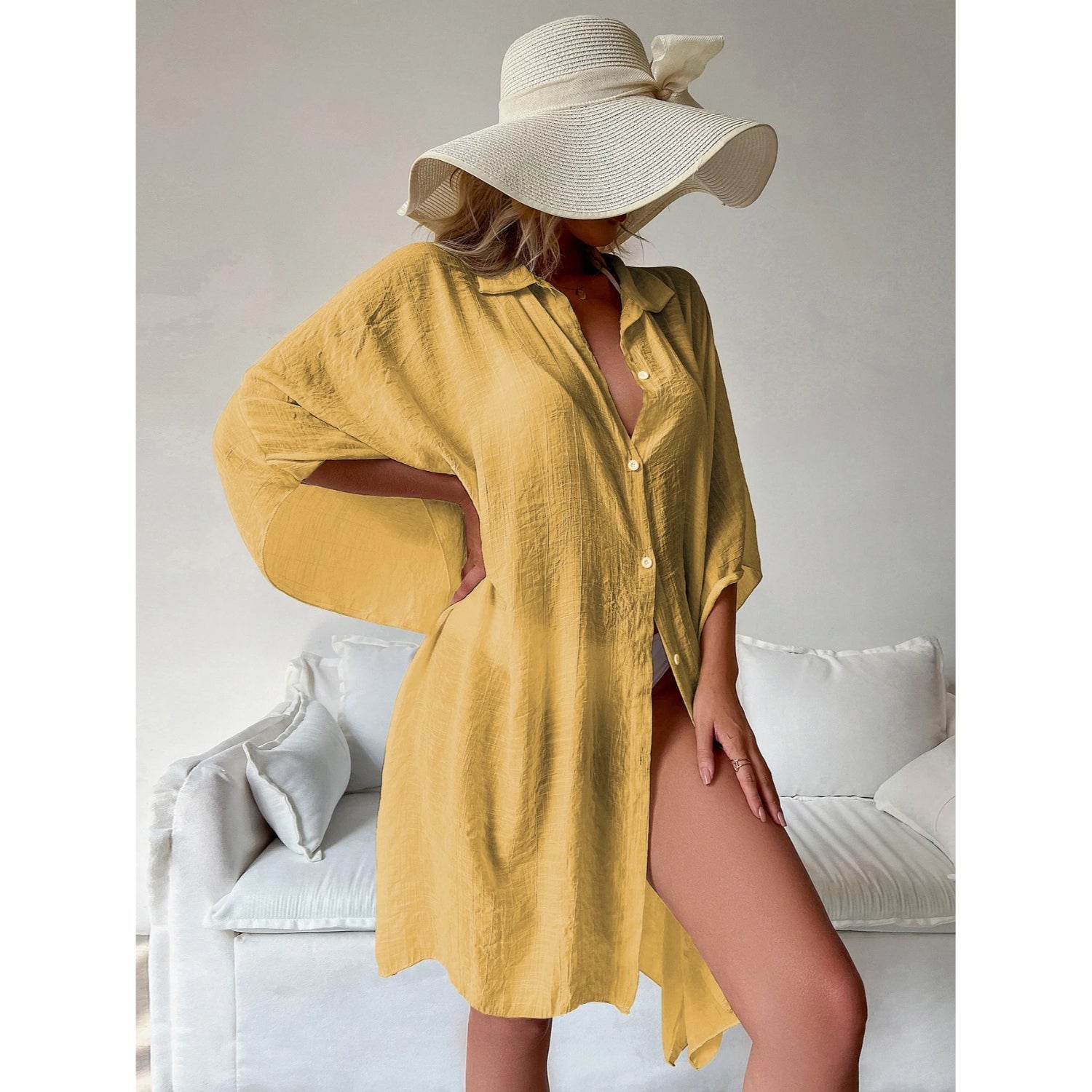 MODA Gul kimono med vendekrave og knap