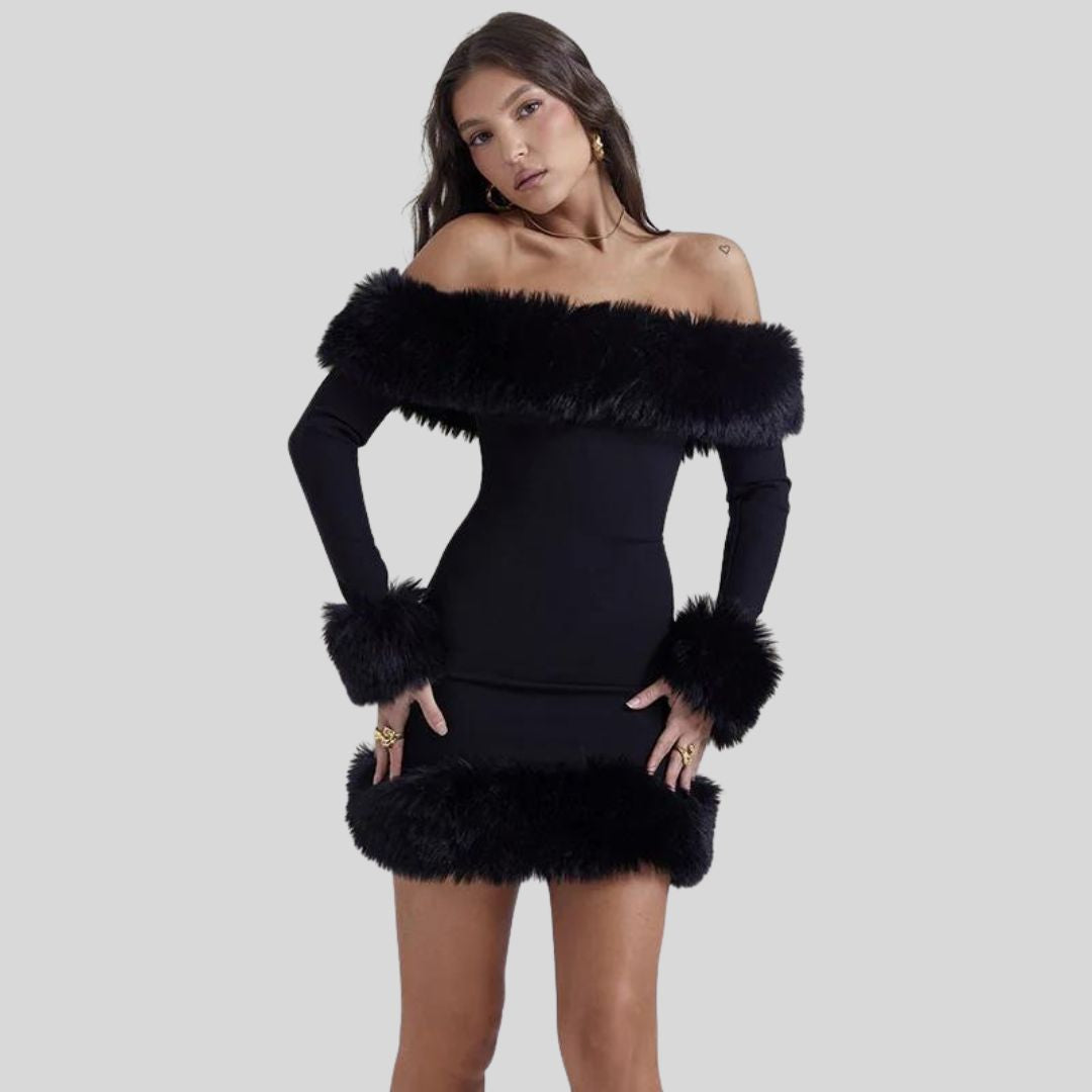 Valentina - Off-shoulder bodycon-kjole med kunstpelskant