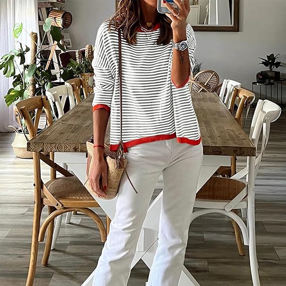 Nora - Stribet langærmet sweater med kontrastkant detalje