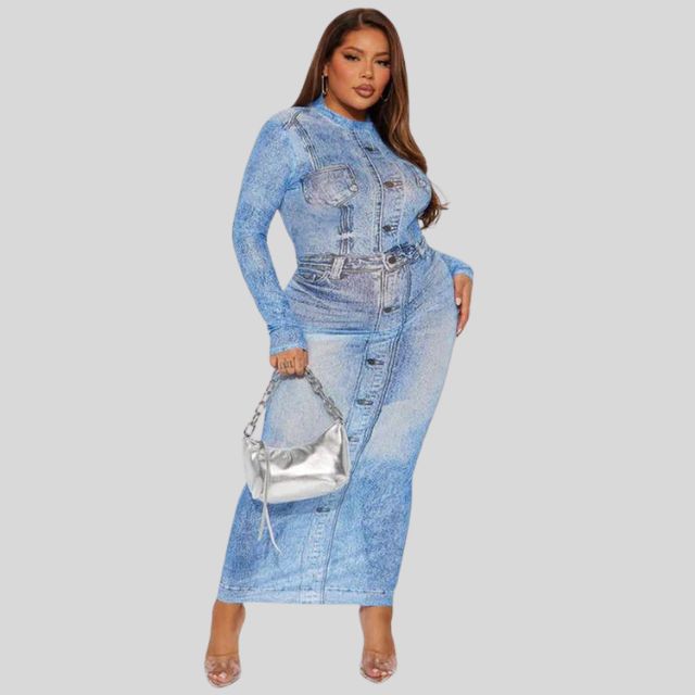 Elena - denim maxikjole med høj krave