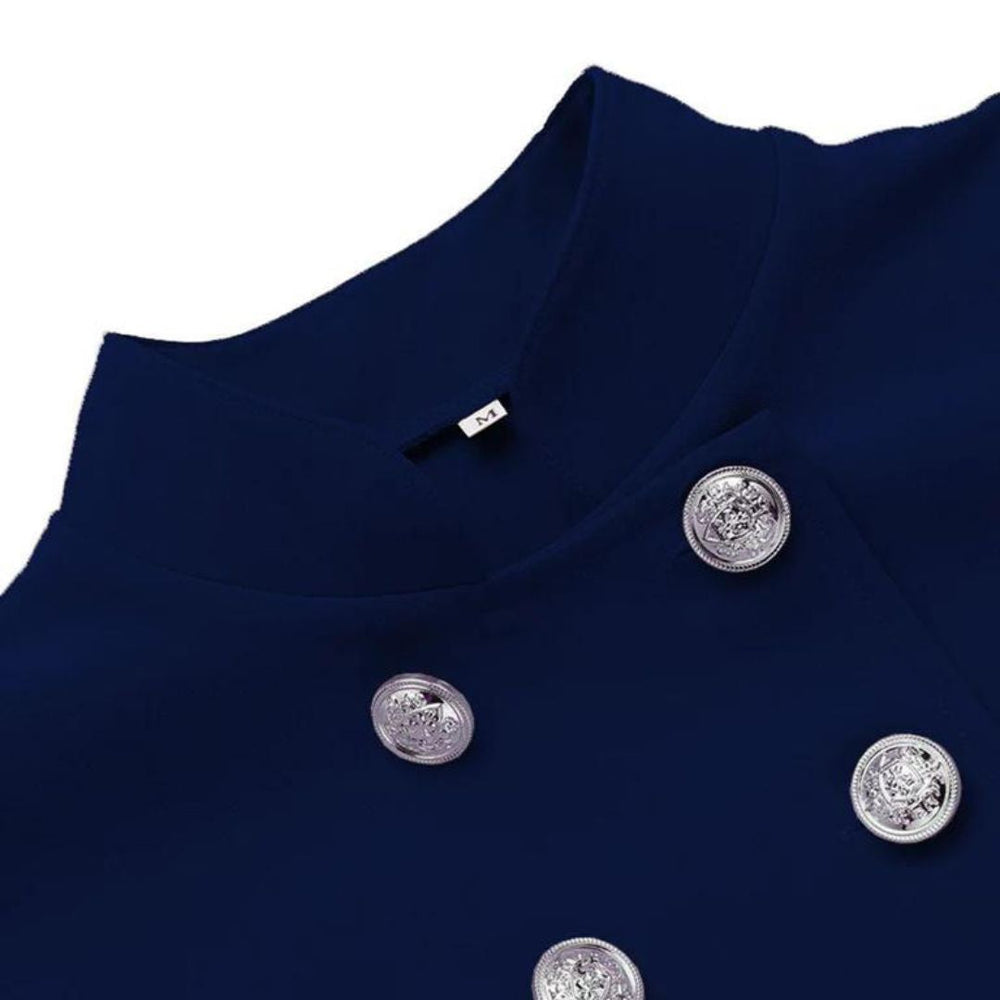 Navy Elegance - Militærinspireret Kjole med Sølvknapdetaljer