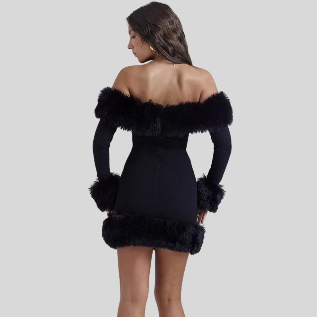 Valentina - Off-shoulder bodycon-kjole med kunstpelskant