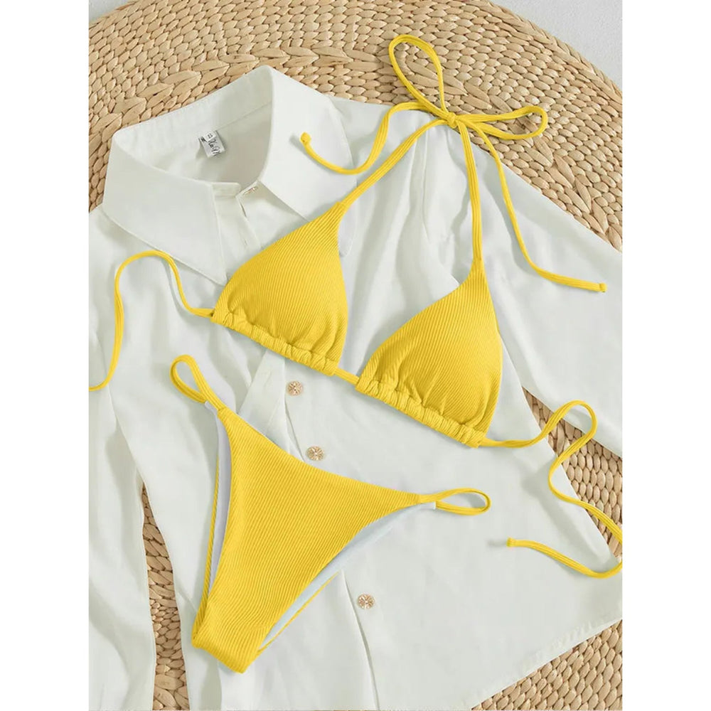 MODA Ensfarvet højtaljet halterneck-bikinier i pitstribet stof