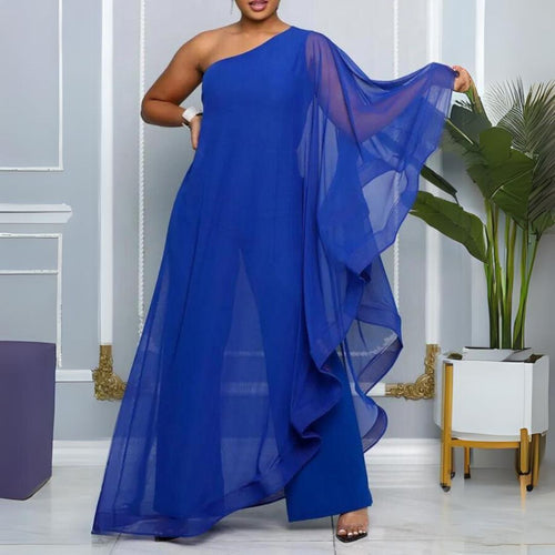 Azur Elegance - En-Skulder Chiffon Maxi Kjole med Flydende Ærme