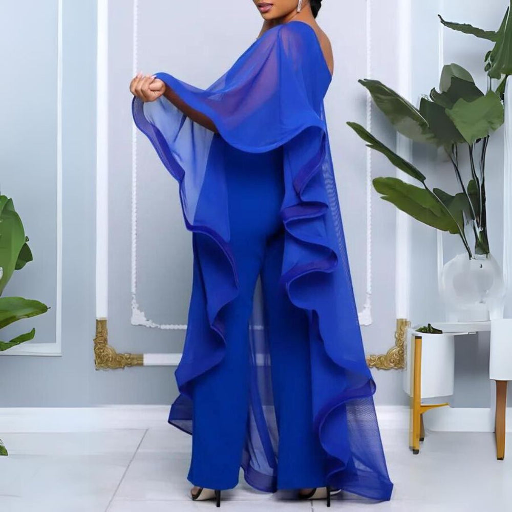 Azur Elegance - En-Skulder Chiffon Maxi Kjole med Flydende Ærme