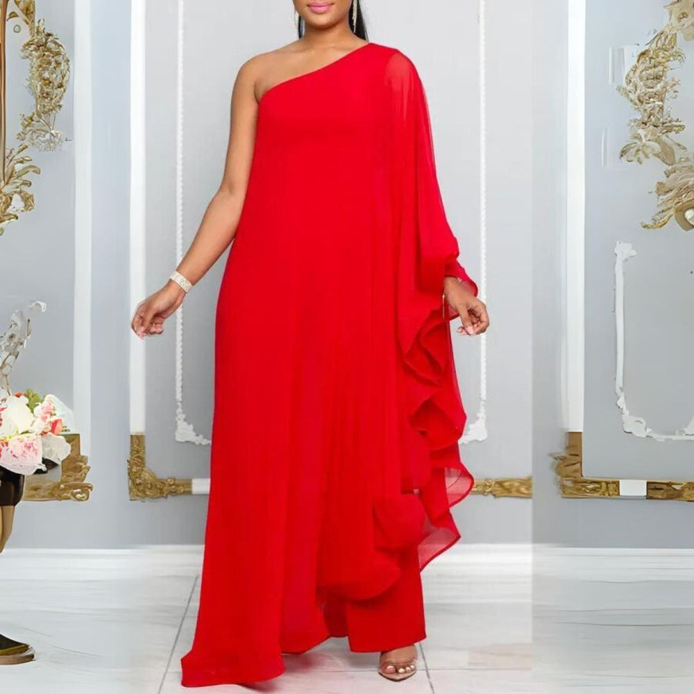 Azur Elegance - En-Skulder Chiffon Maxi Kjole med Flydende Ærme