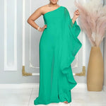 Azur Elegance - En-Skulder Chiffon Maxi Kjole med Flydende Ærme