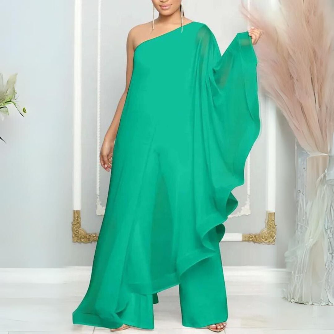 Azur Elegance - En-Skulder Chiffon Maxi Kjole med Flydende Ærme