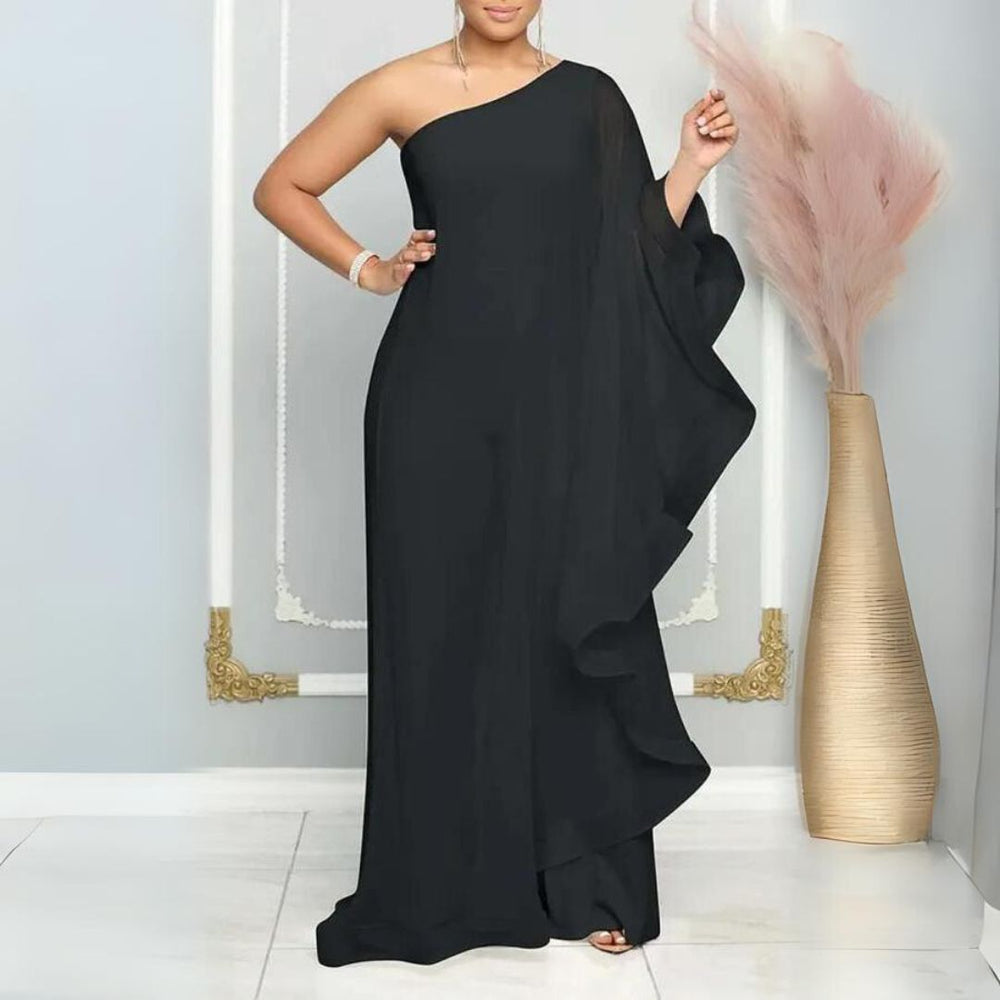 Azur Elegance - En-Skulder Chiffon Maxi Kjole med Flydende Ærme