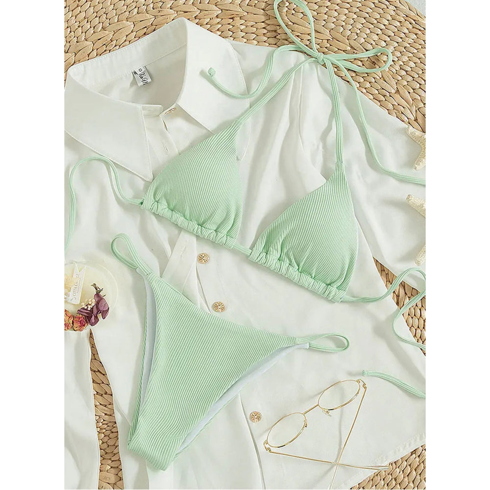 MODA Ensfarvet højtaljet halterneck-bikinier i pitstribet stof