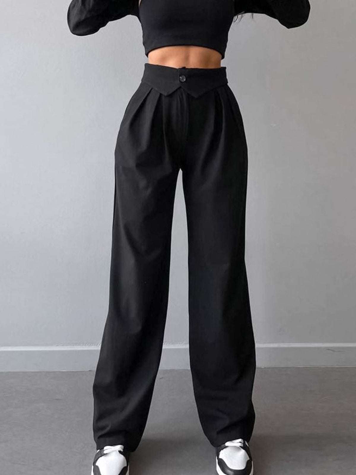 High-Waist Bukser med Foldetalje | Polyesterblanding | Elegant & Komfortabel