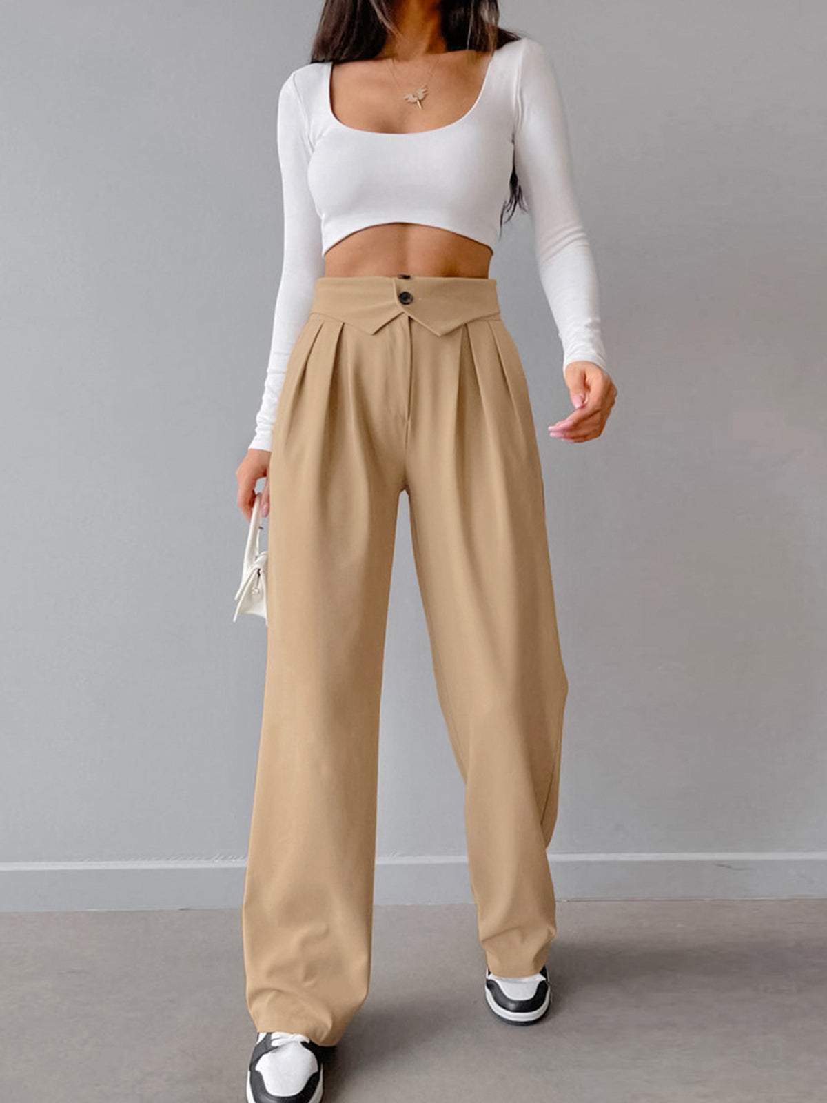 High-Waist Bukser med Foldetalje | Polyesterblanding | Elegant & Komfortabel