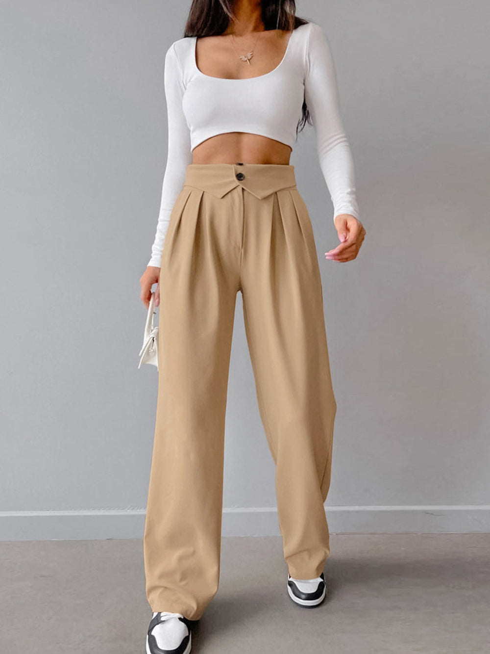 High-Waist Bukser med Foldetalje | Polyesterblanding | Elegant & Komfortabel