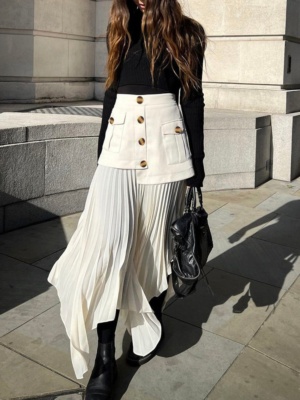 Plisseret Midi Nederdel med Knapper | Polyesterblanding | Elegant & Moderne