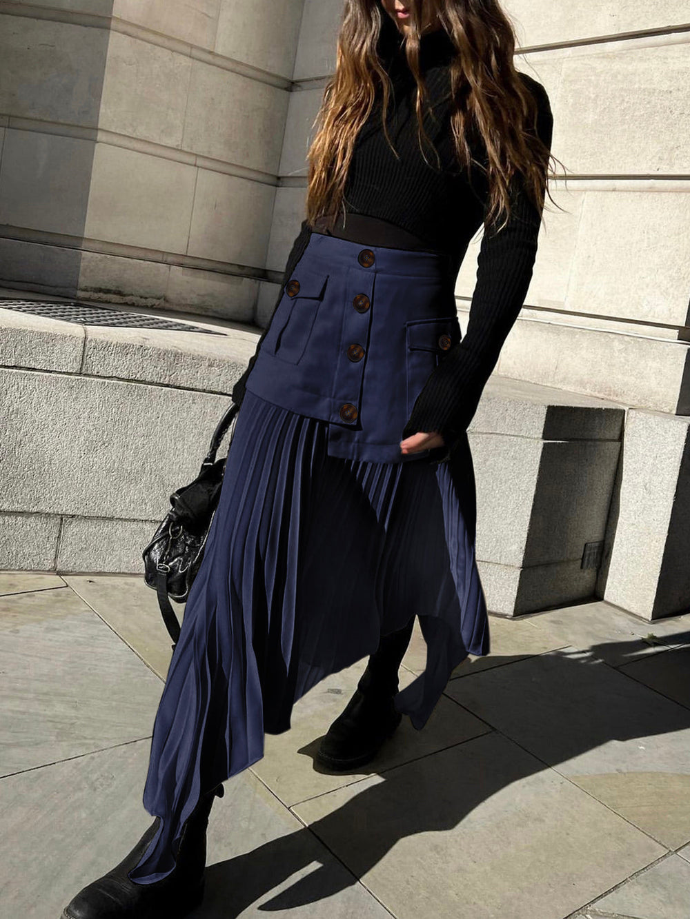 Plisseret Midi Nederdel med Knapper | Polyesterblanding | Elegant & Moderne