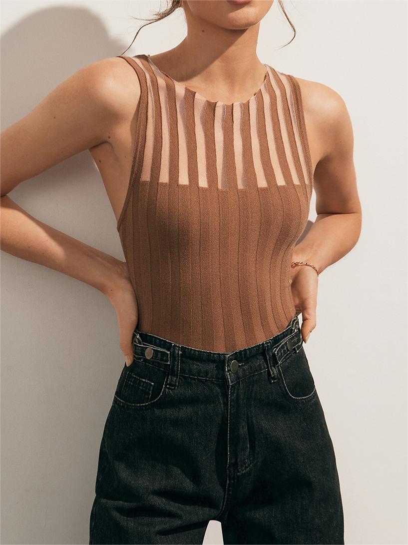 Ærmeløs Top med Transparent Detalje | Brun | Strikket | Moderne & Unik