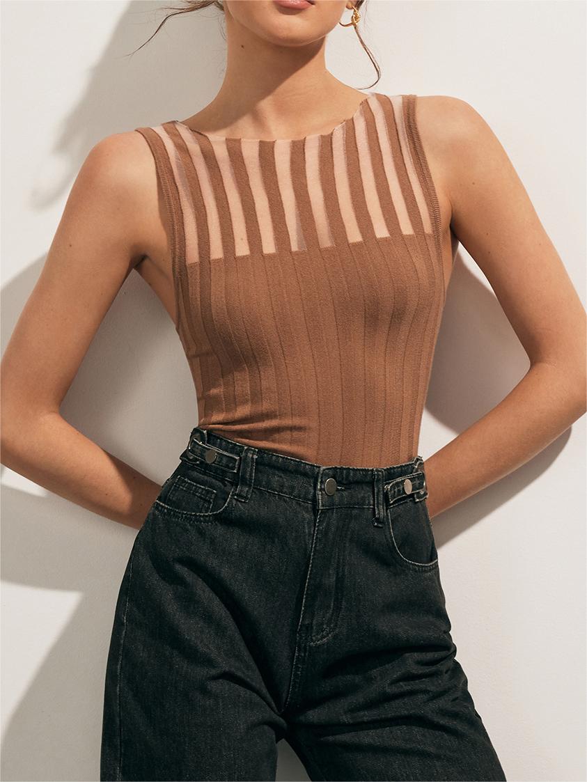 Ærmeløs Top med Transparent Detalje | Brun | Strikket | Moderne & Unik