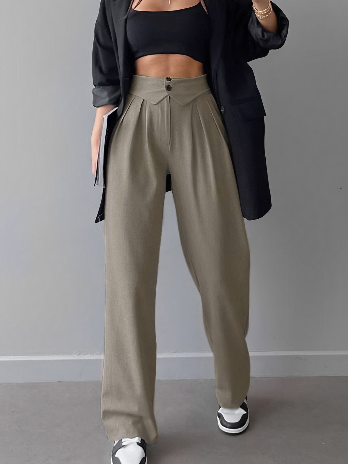 High-Waist Bukser med Foldetalje | Polyesterblanding | Elegant & Komfortabel
