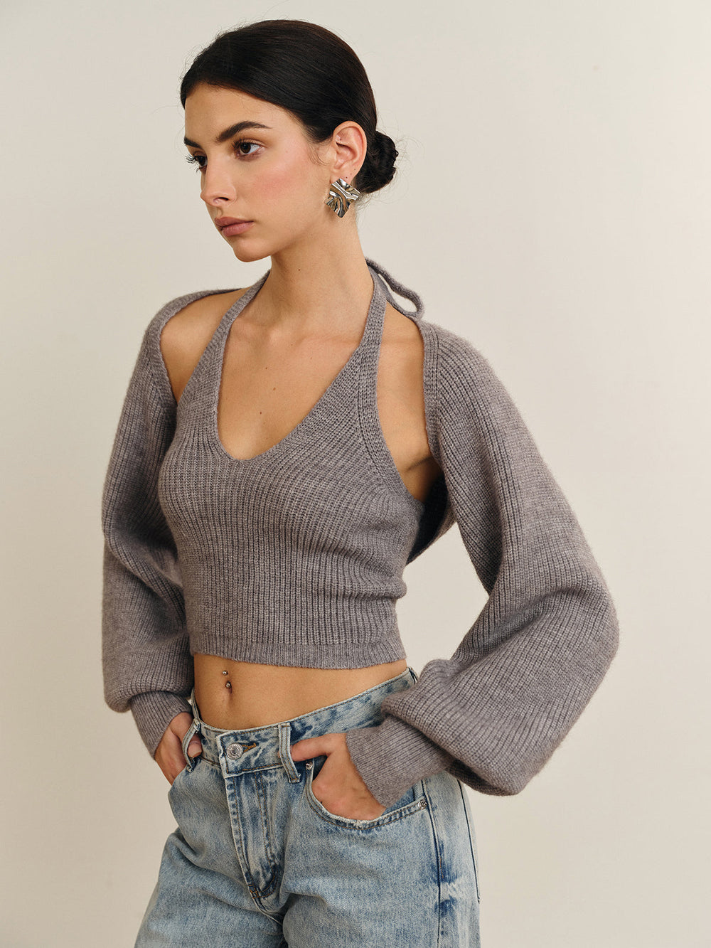 Halterneck Top med Lange Ærmer | Strikket & Stilfuld | Moderne Detaljer