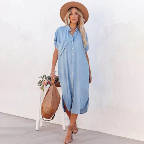 Layla - Afslappet Knap-ned Denim Midi Kjole