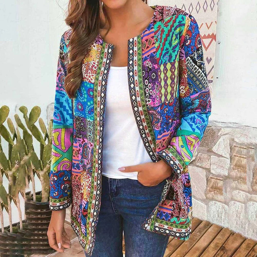 Dame Jakke - Patchwork Design - Åben Front - Lange Ærmer - Boheme Stil