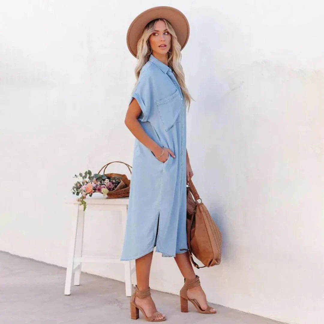 Layla - Afslappet Knap-ned Denim Midi Kjole