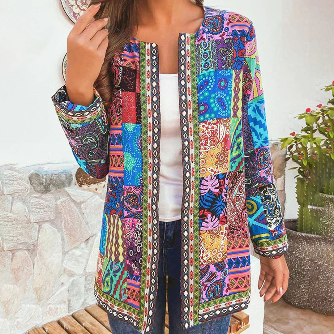 Dame Jakke - Patchwork Design - Åben Front - Lange Ærmer - Boheme Stil