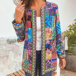 Dame Jakke - Patchwork Design - Åben Front - Lange Ærmer - Boheme Stil