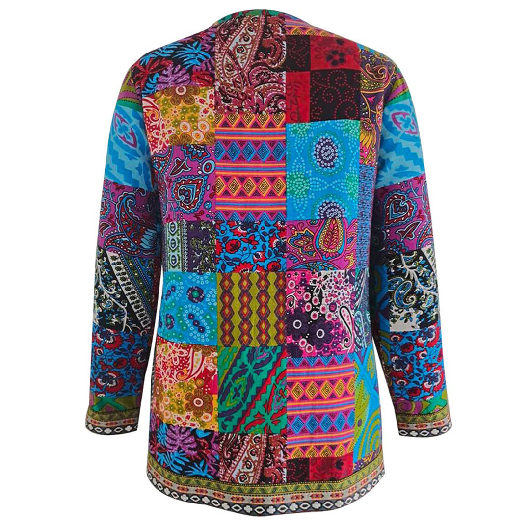 Dame Jakke - Patchwork Design - Åben Front - Lange Ærmer - Boheme Stil