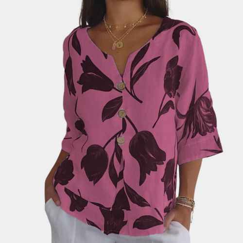 Bluse med tulipaner og blomsterprint med V-hals