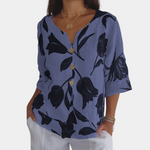 Bluse med tulipaner og blomsterprint med V-hals