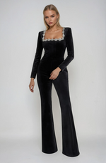 Velour Jumpsuit med Blomsterbroderi | Polyester | Elegant & Glamourøs