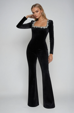 Velour Jumpsuit med Blomsterbroderi | Polyester | Elegant & Glamourøs