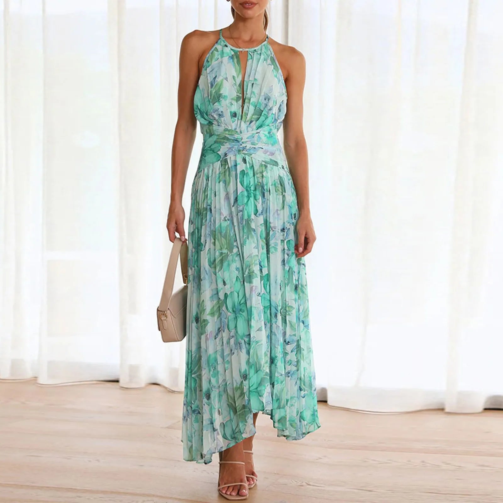 Livia - maxikjole med blomsterprint og halterneck