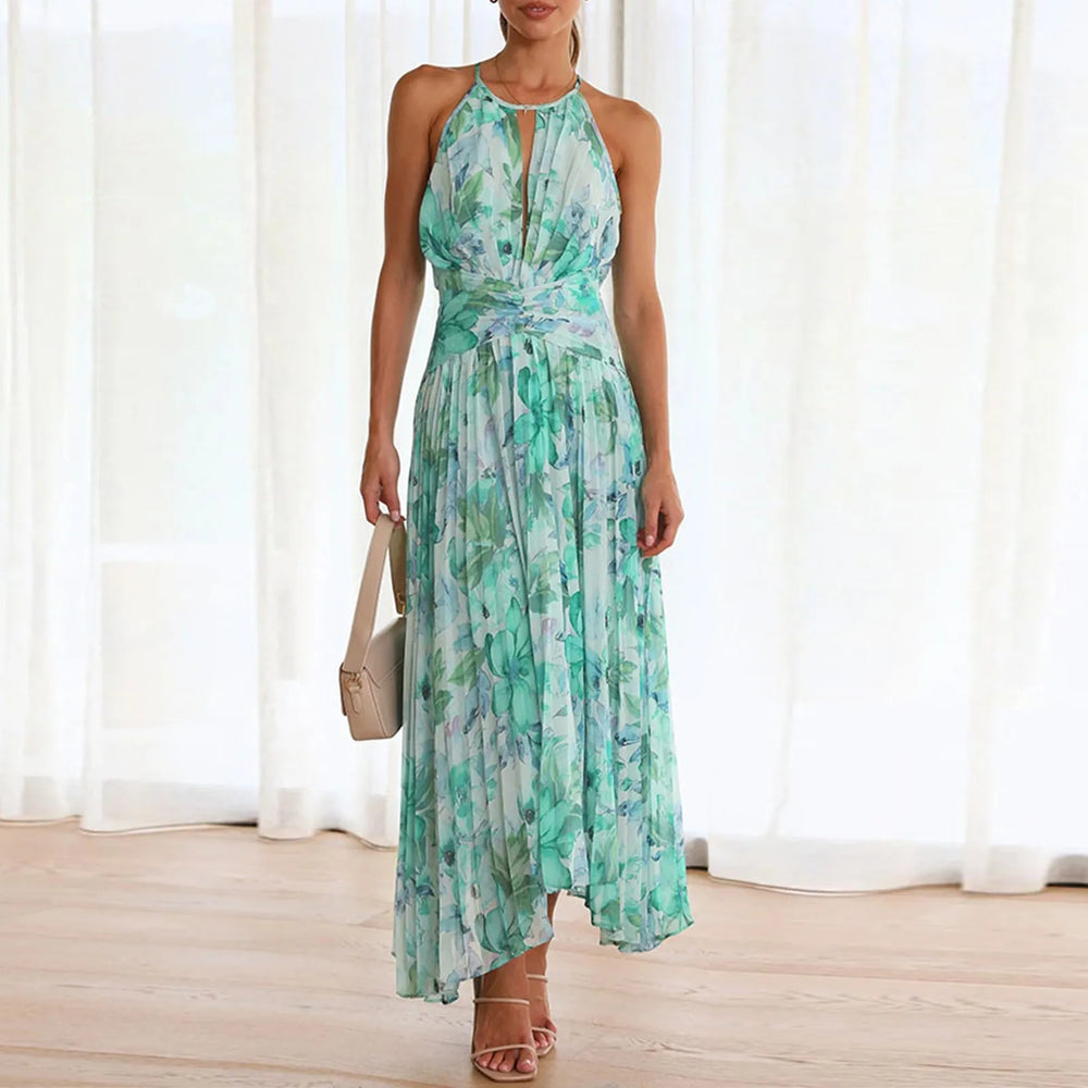 Livia - maxikjole med blomsterprint og halterneck