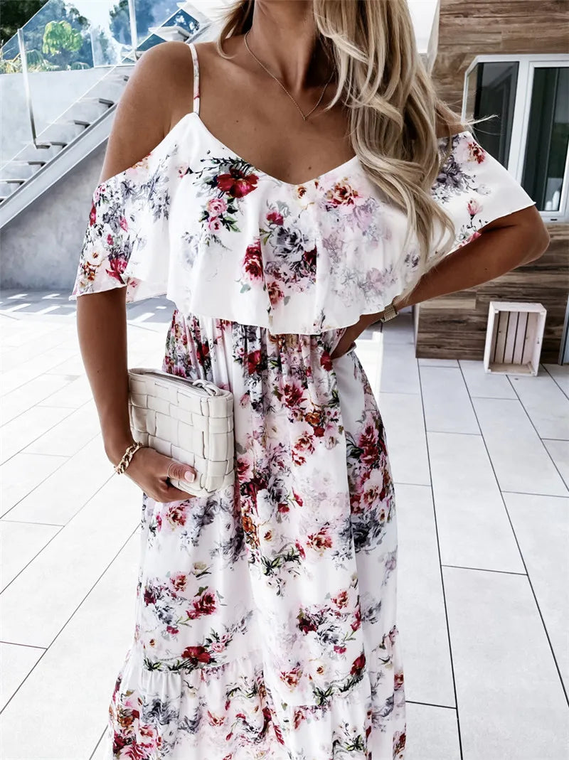 Ute - Maxikjole - blomstret off-shoulder