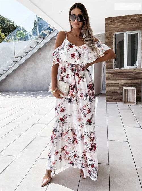 Ute - Maxikjole - blomstret off-shoulder