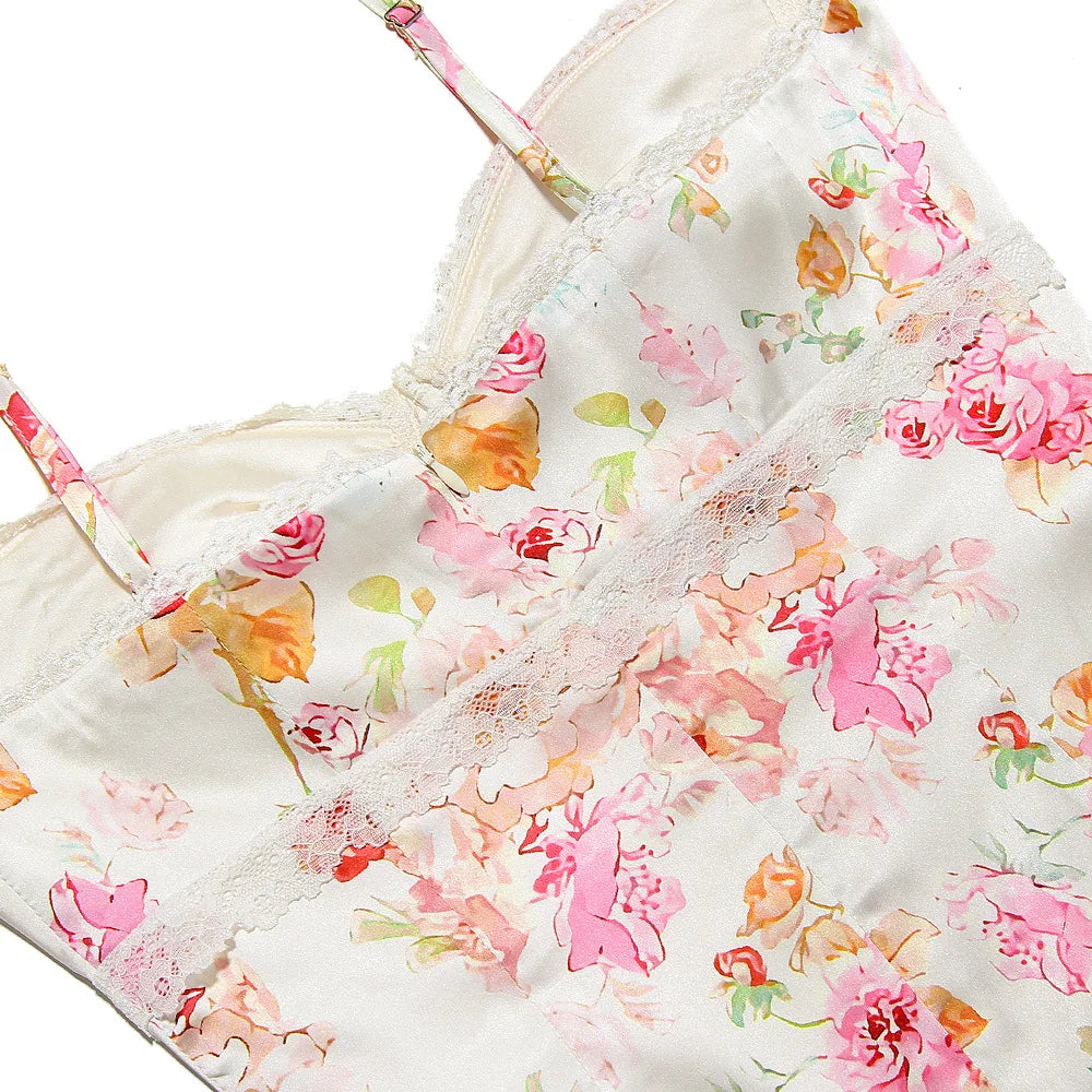 Fiona - Midikjole i satin med blomstret bustier