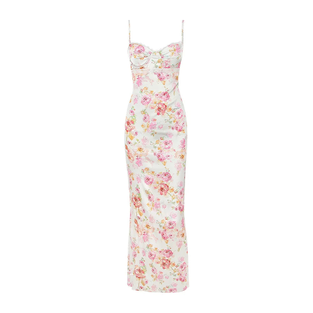 Fiona - Midikjole i satin med blomstret bustier