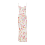 Fiona - Midikjole i satin med blomstret bustier