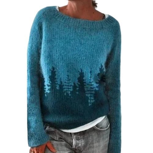 Strikket sweater med silhuet af vinterskov