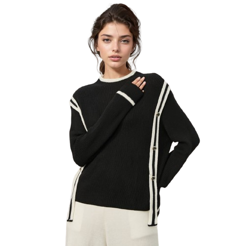 Brooke - Moderne ribstrikket sweater med kontrastkant og lynlåsdetaljer