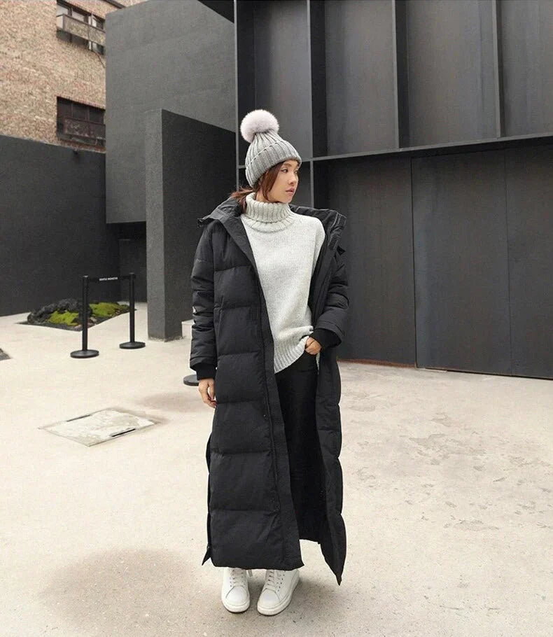 Dame Lang Dunjakke - Quiltet Puffer Design - Høj Krave - Varm og Stilfuld