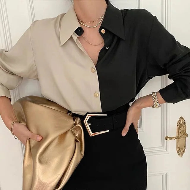 Bianca - Tofarvet silkebluse med kontrastkrave