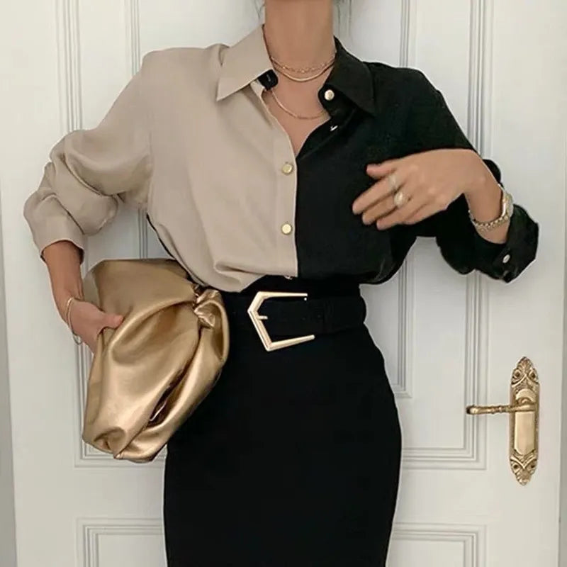 Bianca - Tofarvet silkebluse med kontrastkrave