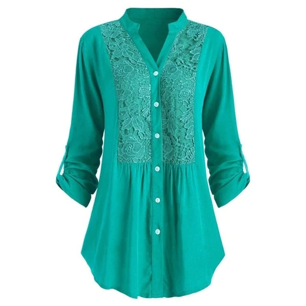 Blondebluse med langærmet broderi og V-hals