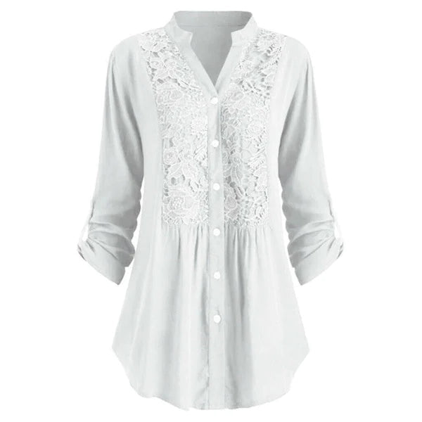 Blondebluse med langærmet broderi og V-hals