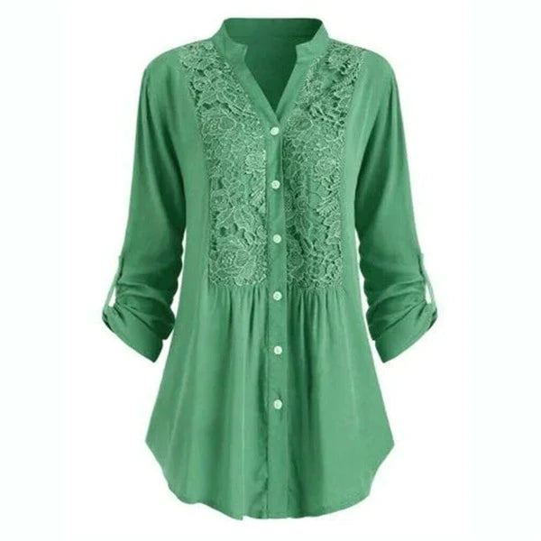 Blondebluse med langærmet broderi og V-hals