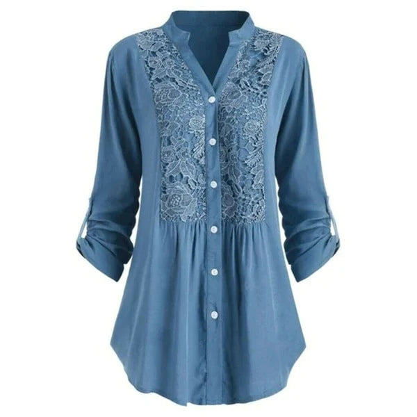 Blondebluse med langærmet broderi og V-hals
