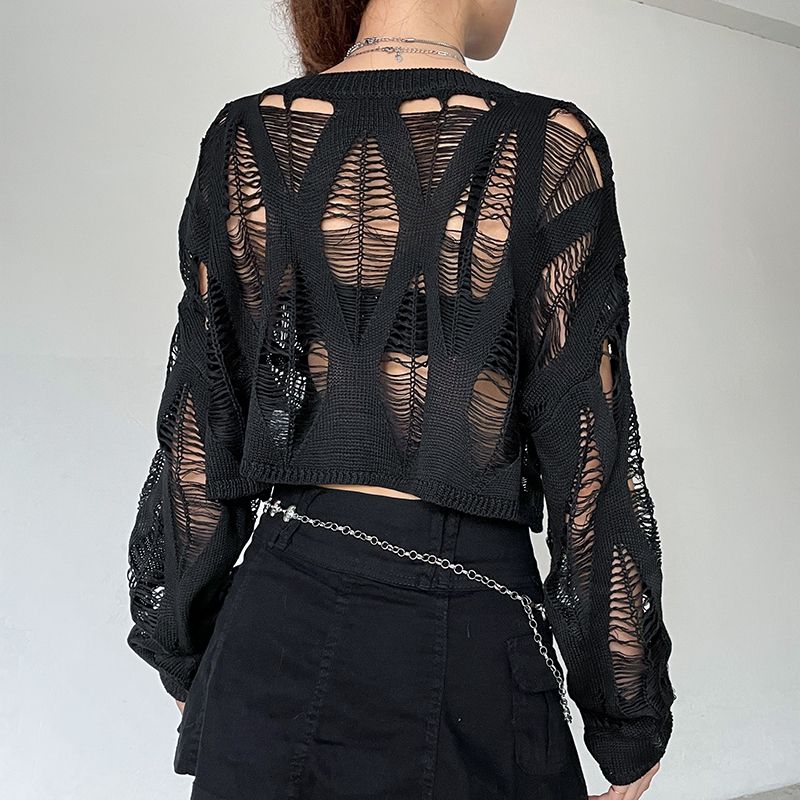 Erika - Gothic Hollow Crop-Pullover med Distressed-Details